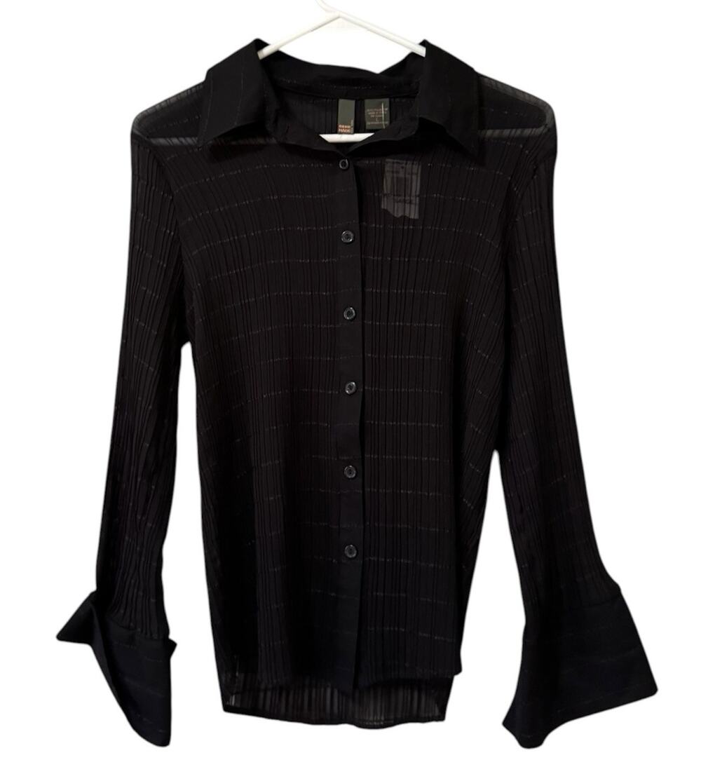 Serenade Women Sz Large Button Down Shirt Crinkle Stretch Black Office Chic NWT